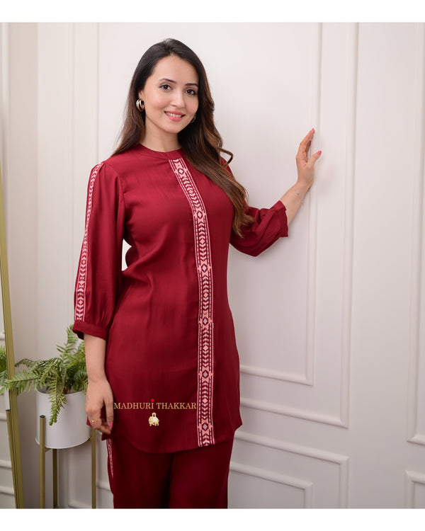 Maroon Cotton Silk Threadwork Co-ord