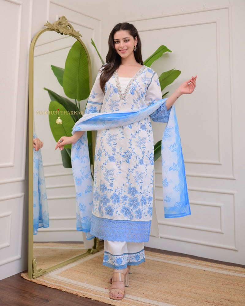 Ivory Powder Blue Pakistani Threadwork Suit