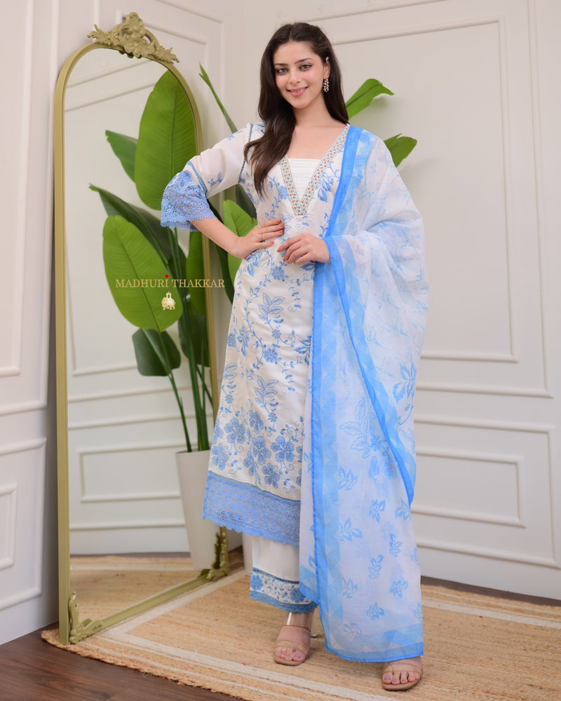 Ivory Powder Blue Pakistani Threadwork Suit