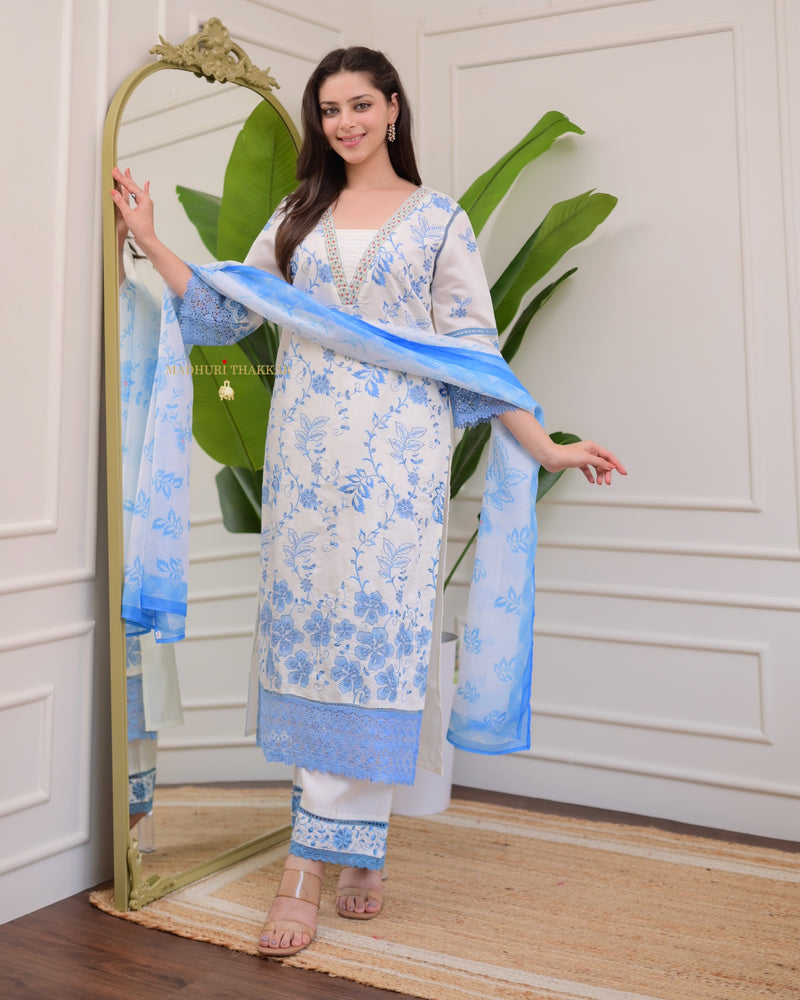 Ivory Powder Blue Pakistani Threadwork Suit