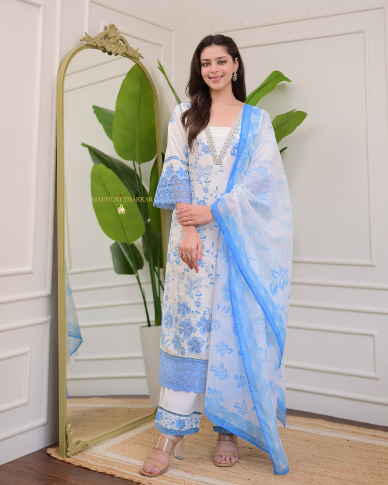 Ivory Powder Blue Pakistani Threadwork Suit