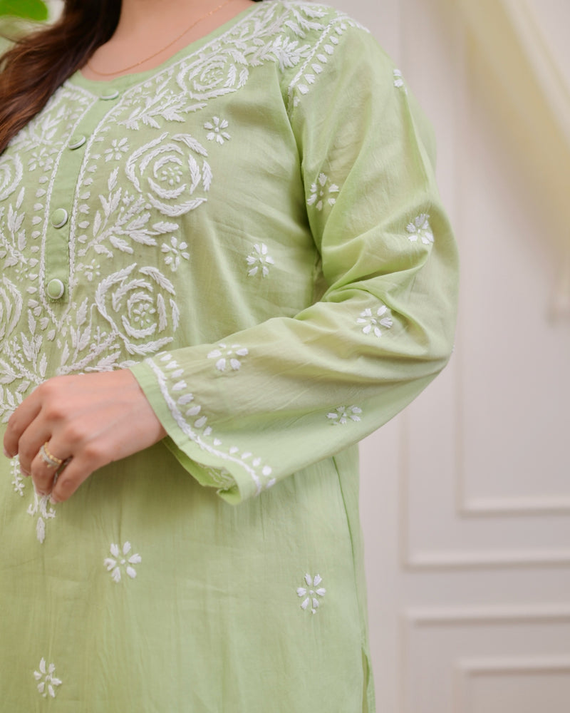 Mint Green Rose Chikankari Mul Cotton Kurta