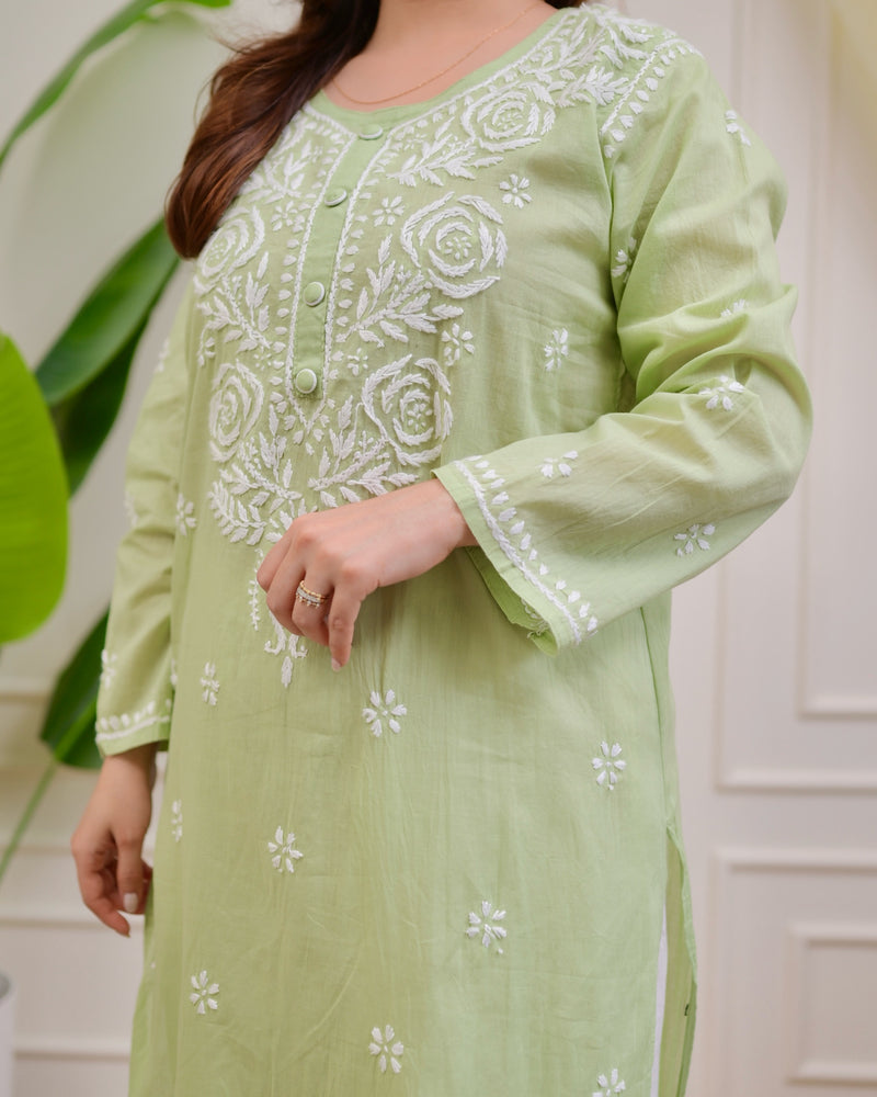 Mint Green Rose Chikankari Mul Cotton Kurta