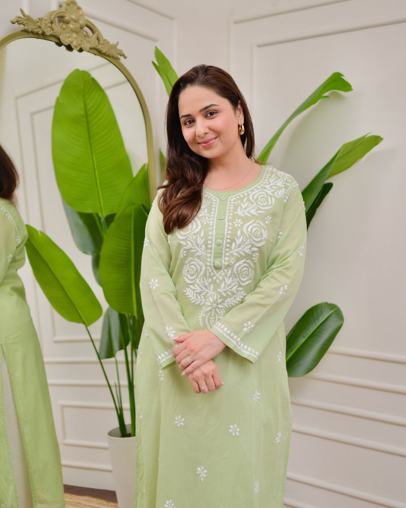 Mint Green Rose Chikankari Mul Cotton Kurta