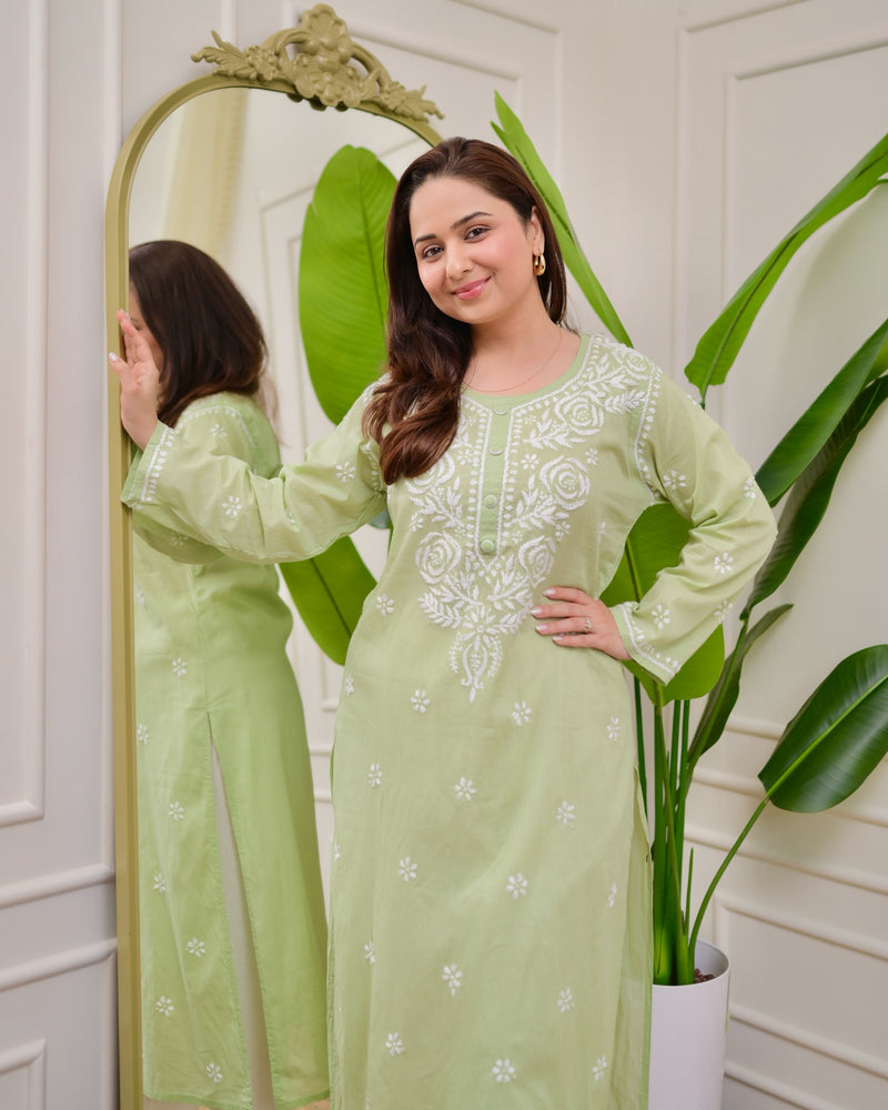 Mint Green Rose Chikankari Mul Cotton Kurta