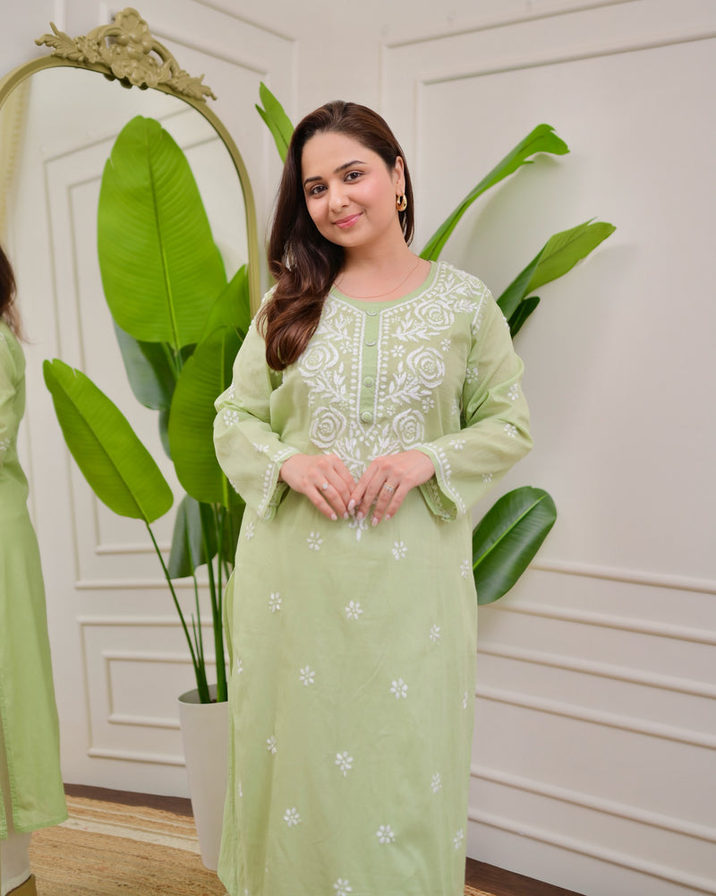 Mint Green Rose Chikankari Mul Cotton Kurta