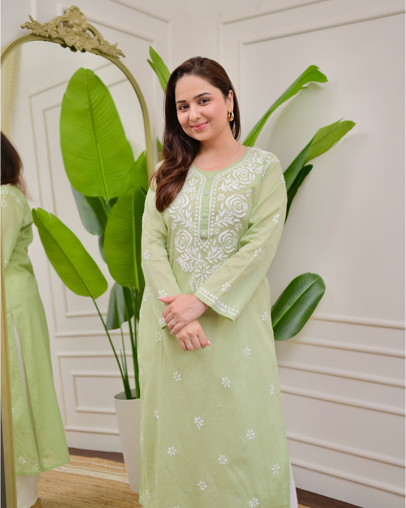 Mint Green Rose Chikankari Mul Cotton Kurta