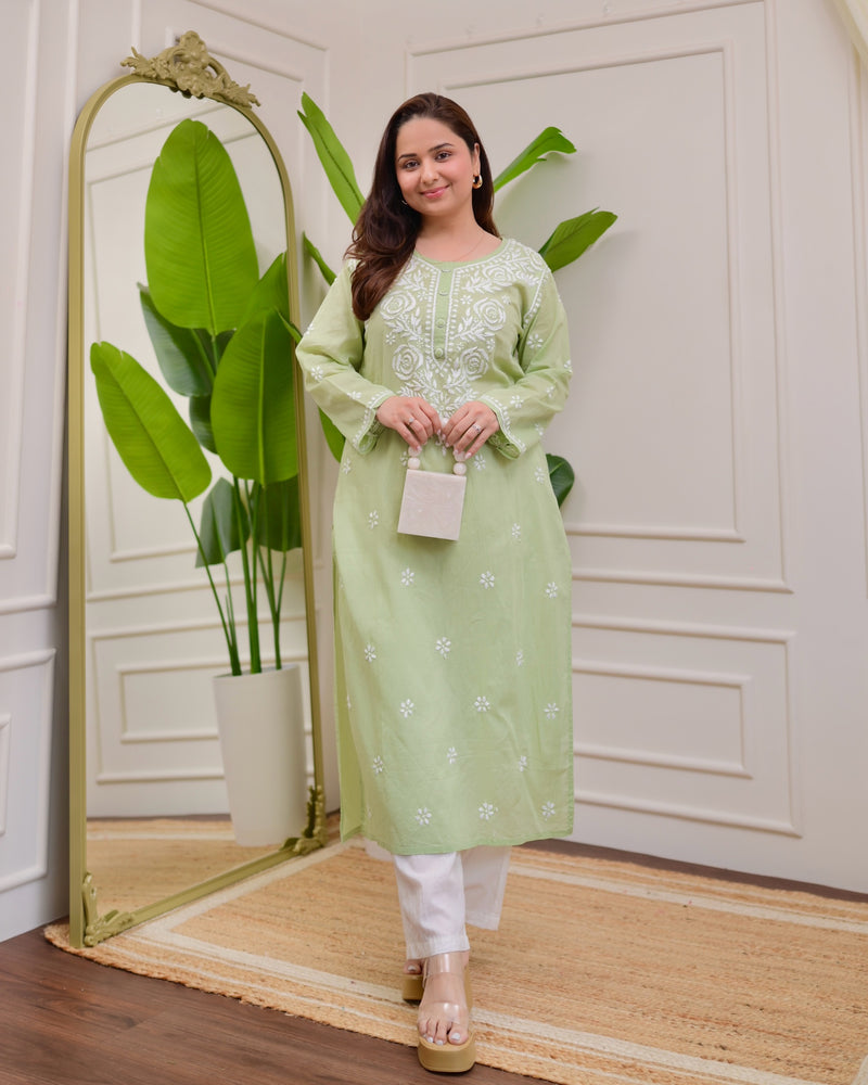 Mint Green Rose Chikankari Mul Cotton Kurta