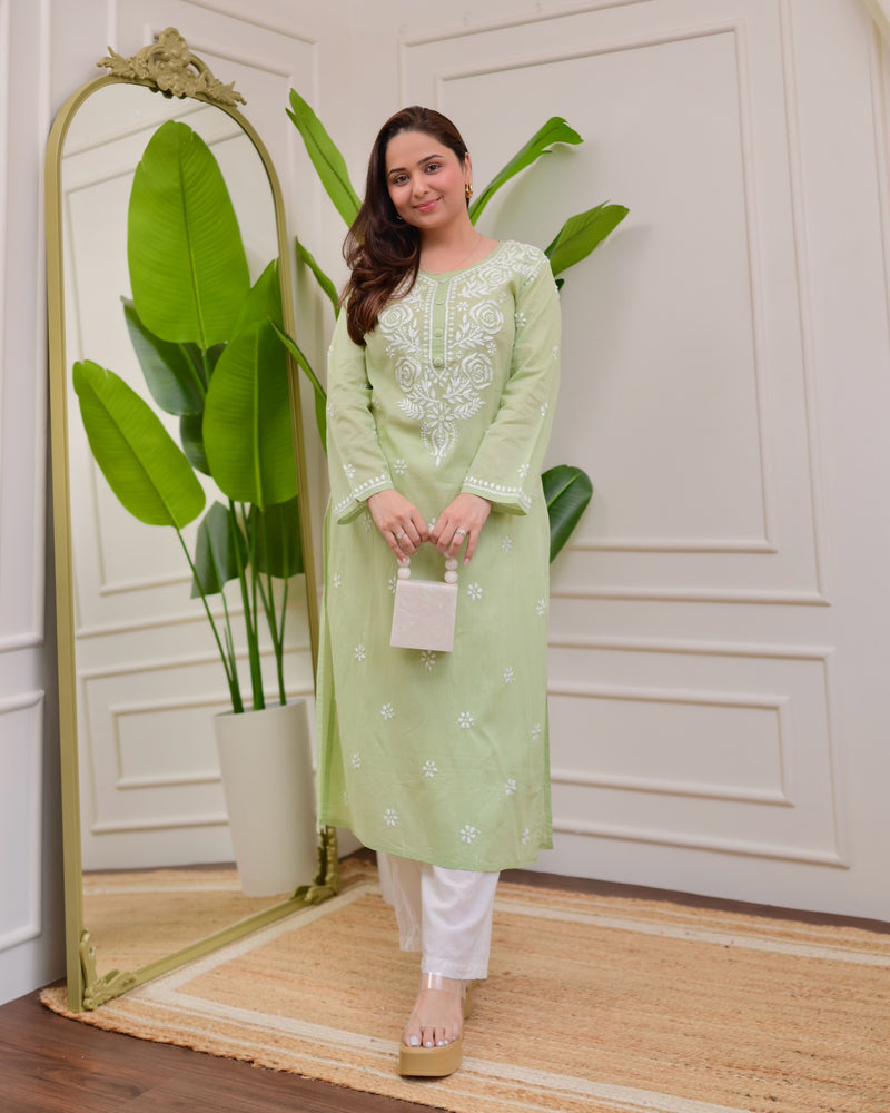 Mint Green Rose Chikankari Mul Cotton Kurta