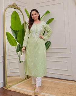 Mint Green Rose Chikankari Mul Cotton Kurta