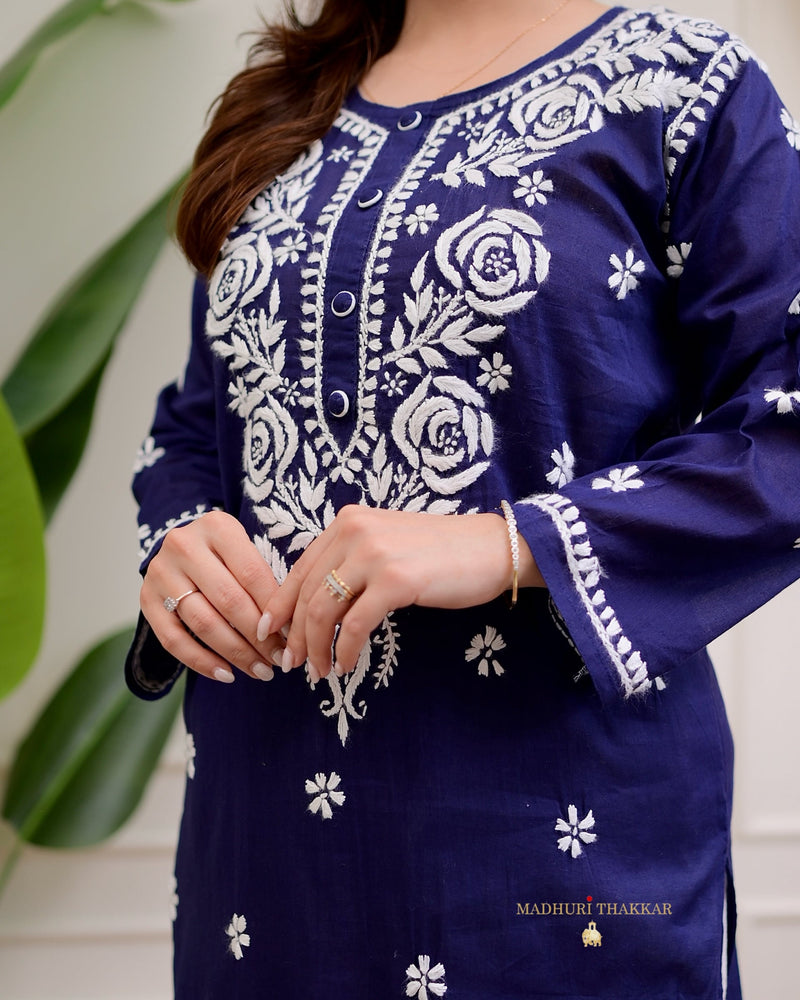 Navy Blue Rose Chikankari Mul Cotton Kurta