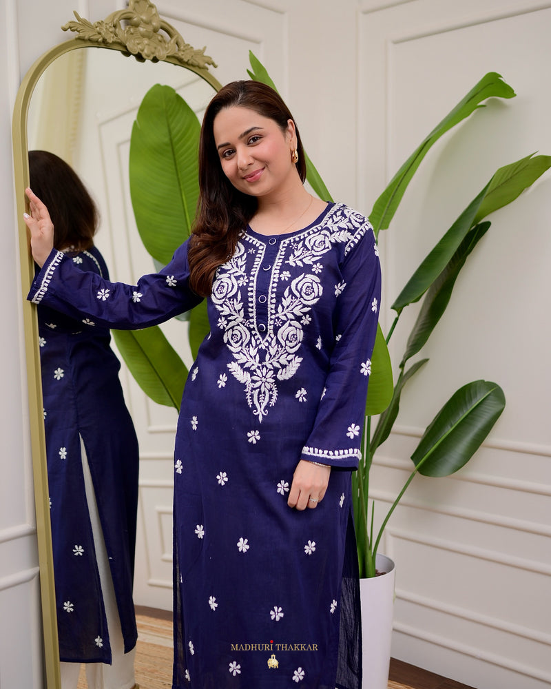 Navy Blue Rose Chikankari Mul Cotton Kurta