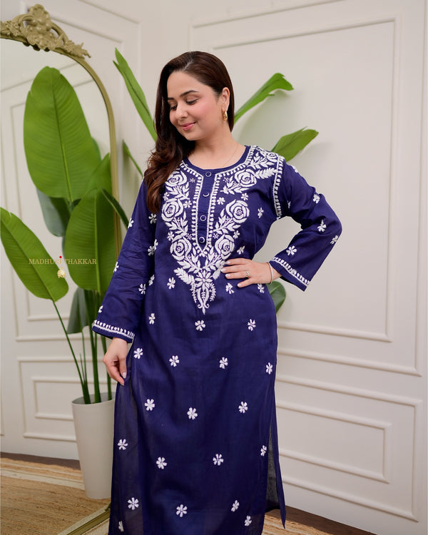 Navy Blue Rose Chikankari Mul Cotton Kurta