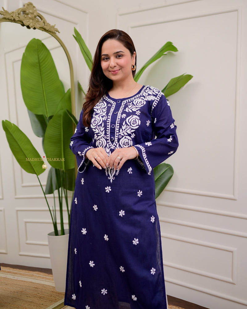 Navy Blue Rose Chikankari Mul Cotton Kurta