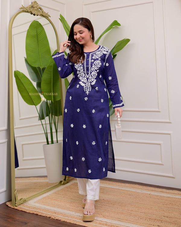 Navy Blue Rose Chikankari Mul Cotton Kurta