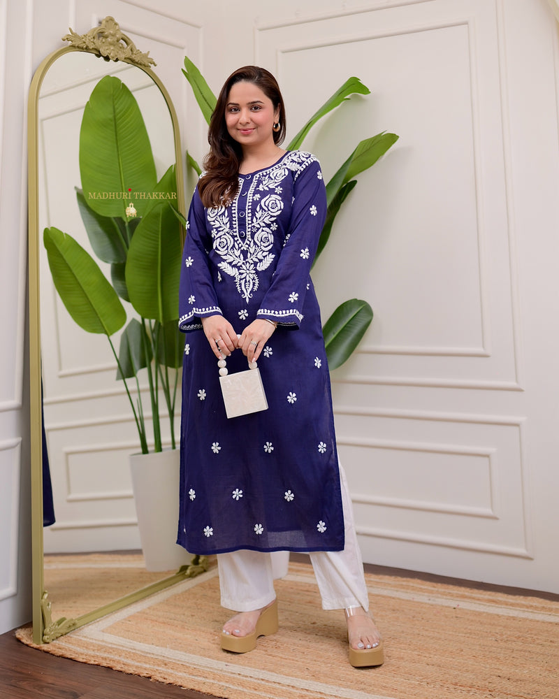 Navy Blue Rose Chikankari Mul Cotton Kurta