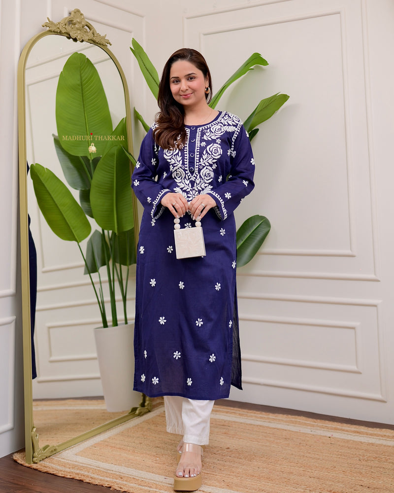 Navy Blue Rose Chikankari Mul Cotton Kurta