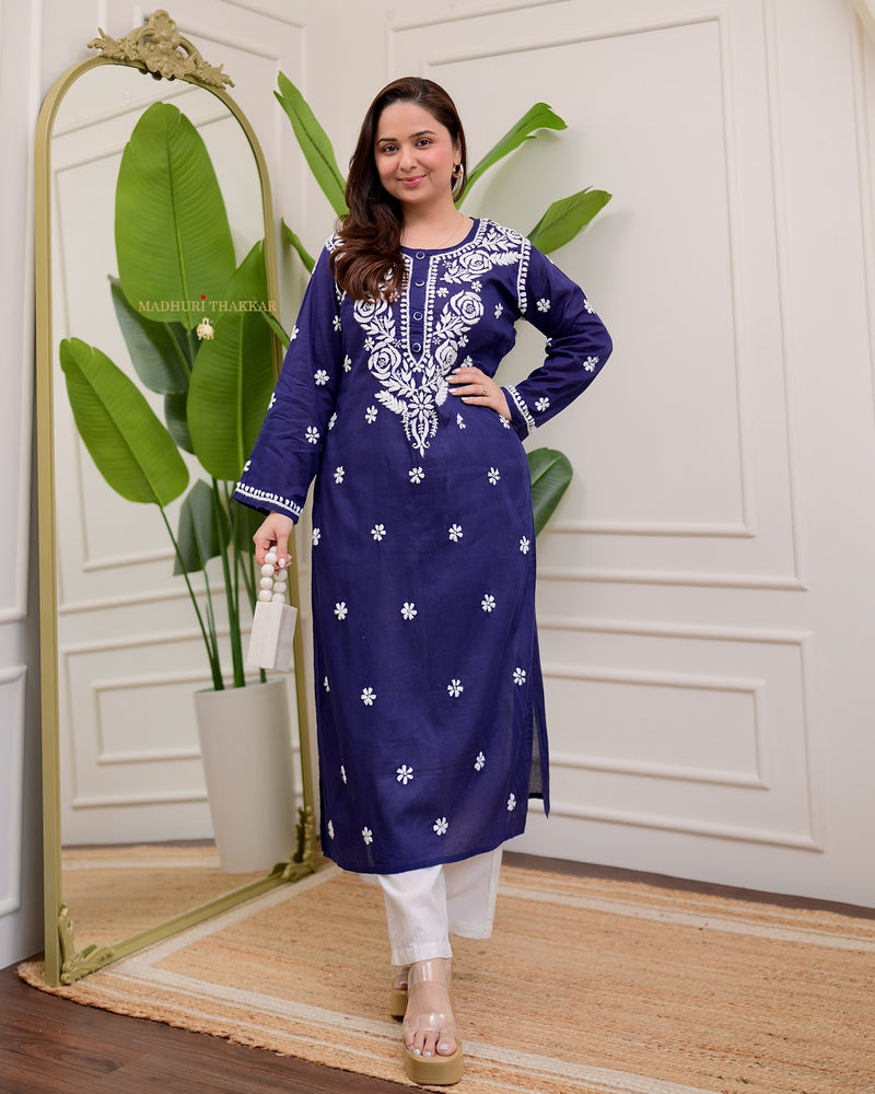 Navy Blue Rose Chikankari Mul Cotton Kurta