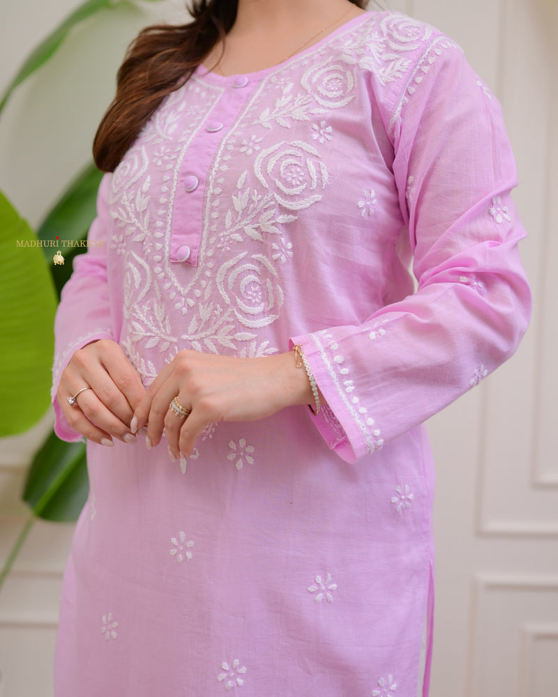 Lilac Rose Chikankari Mul Cotton Kurta