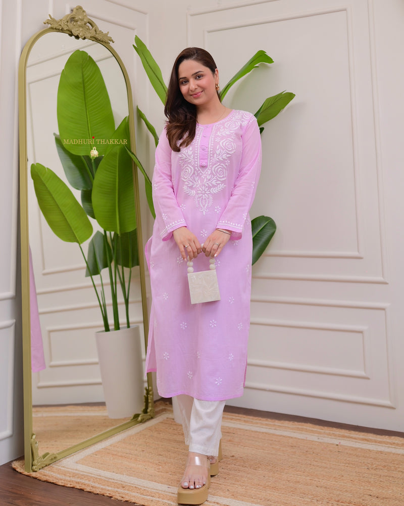 Lilac Rose Chikankari Mul Cotton Kurta