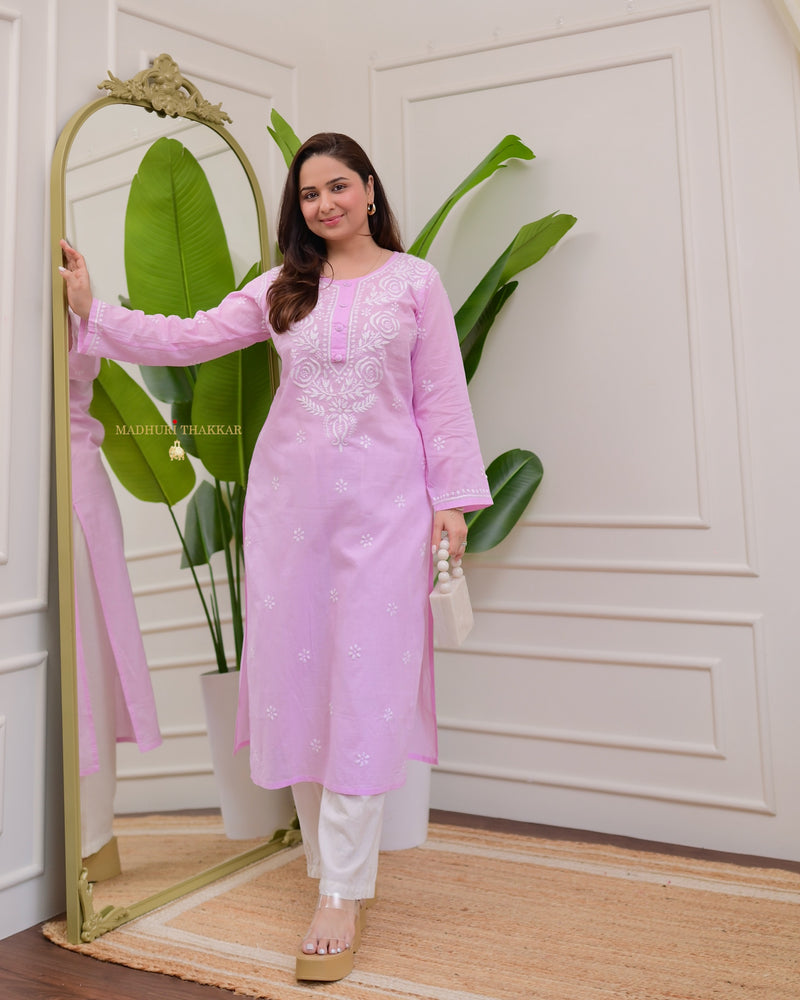 Lilac Rose Chikankari Mul Cotton Kurta