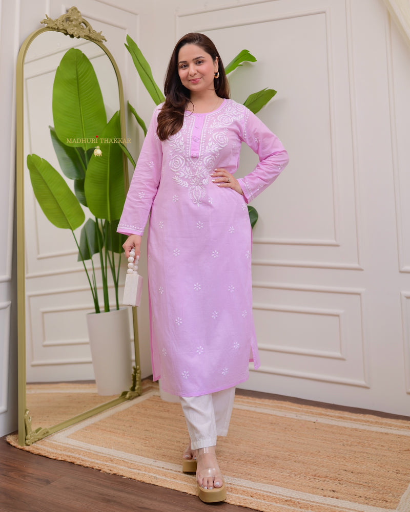 Lilac Rose Chikankari Mul Cotton Kurta