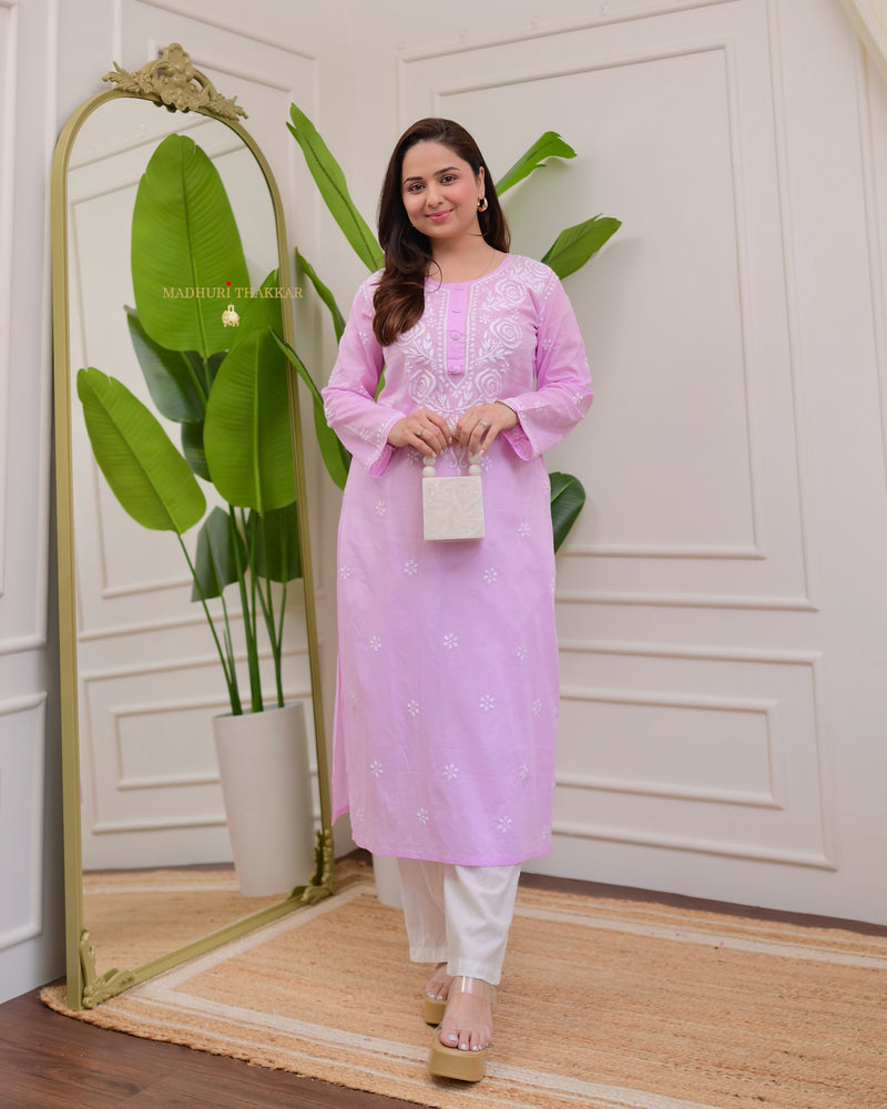 Lilac Rose Chikankari Mul Cotton Kurta