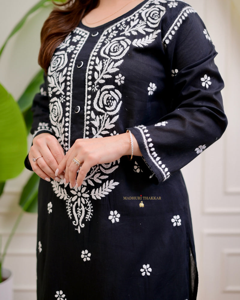 Black Rose Chikankari Mul Cotton Kurta