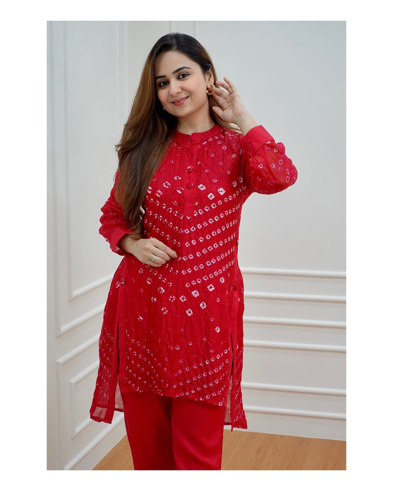 Red Bandhej Muslin Co-ord