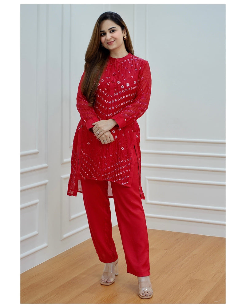 Red Bandhej Muslin Co-ord