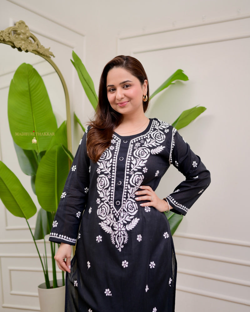 Black Rose Chikankari Mul Cotton Kurta