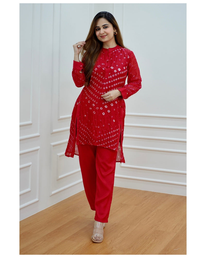 Red Bandhej Muslin Co-ord