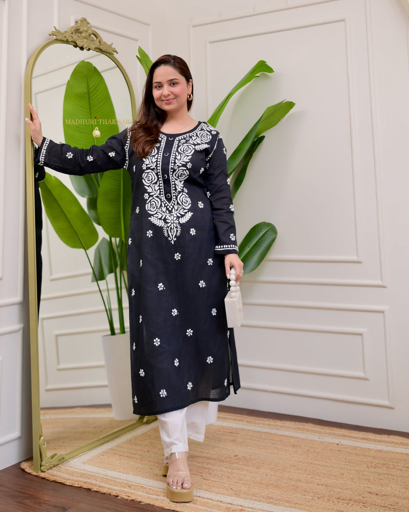 Black Rose Chikankari Mul Cotton Kurta