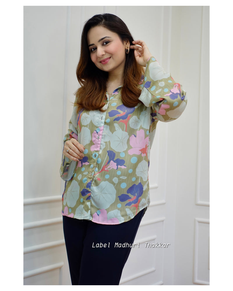 Green Floral Satin Shirt