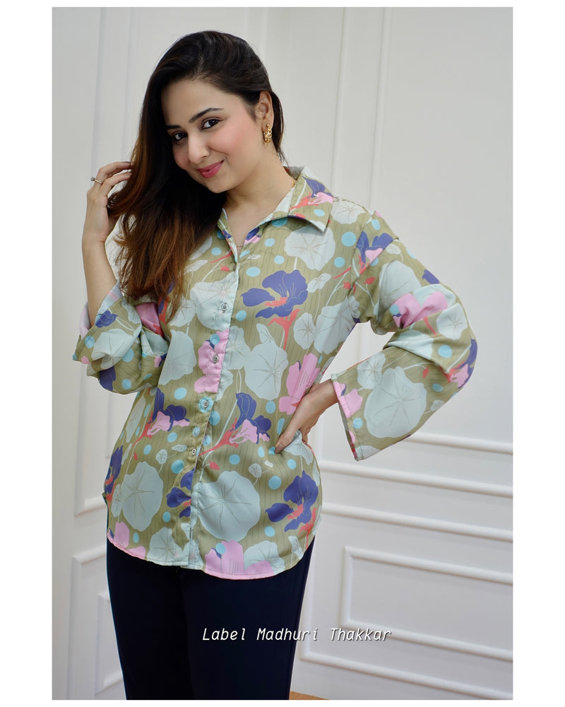 Green Floral Satin Shirt