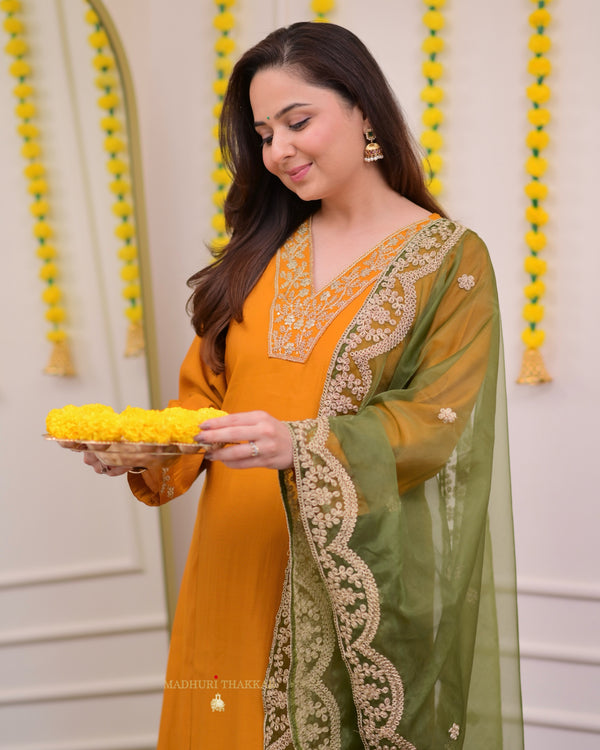 Mustard Yellow Silk Embroidered A Line Suit