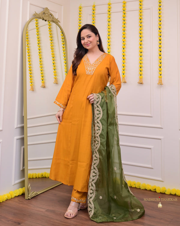 Mustard Yellow Silk Embroidered A Line Suit