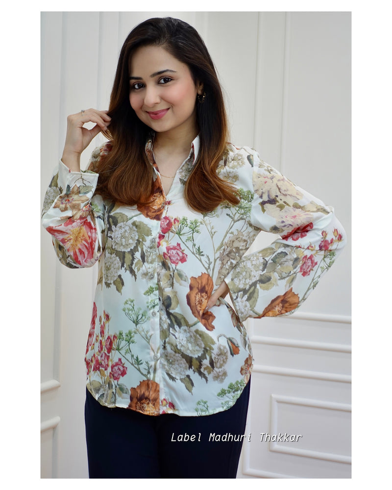 Ivory Floral Satin Shirt