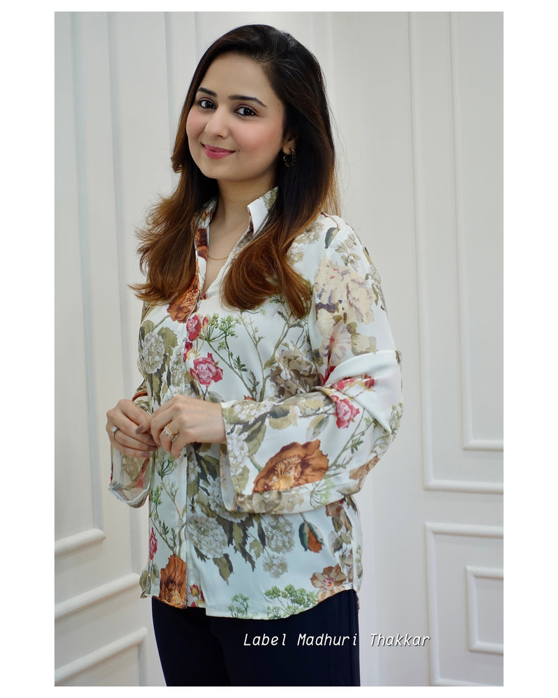 Ivory Floral Satin Shirt