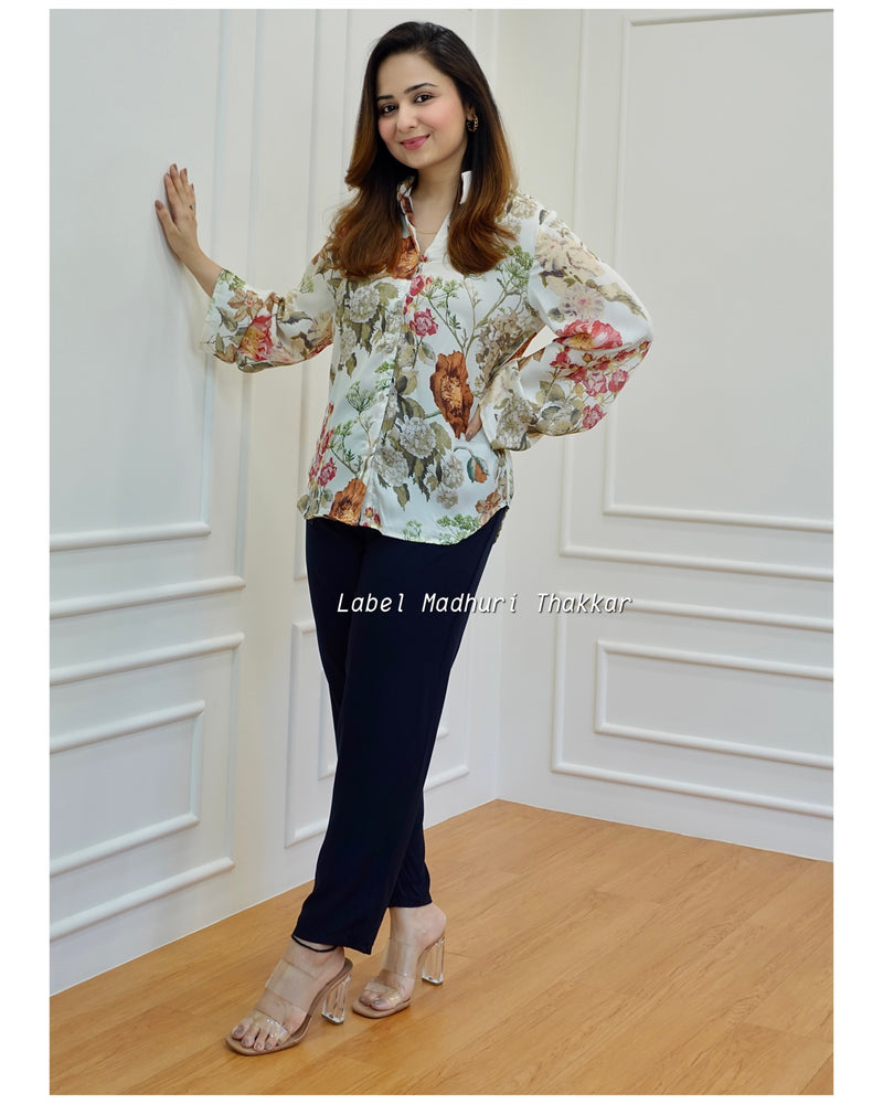 Ivory Floral Satin Shirt