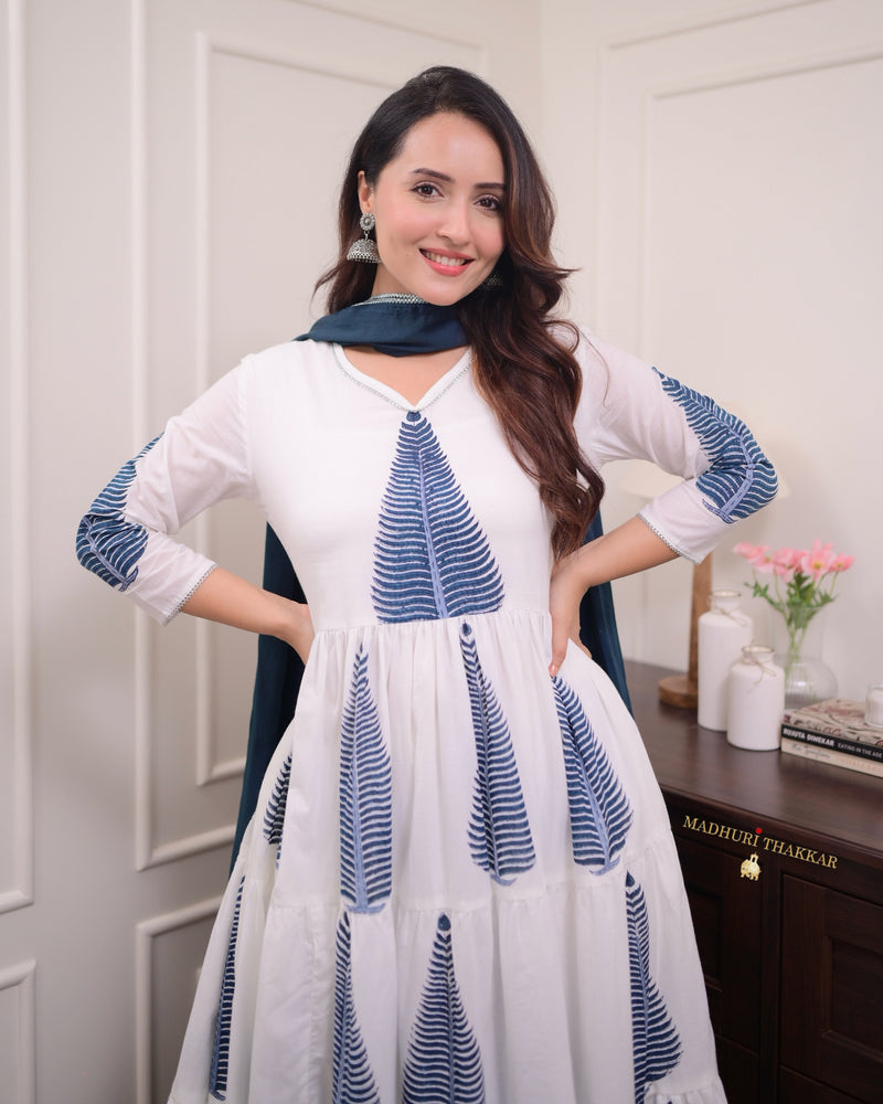 White Blue Mul Cotton Block Printed Anarkali