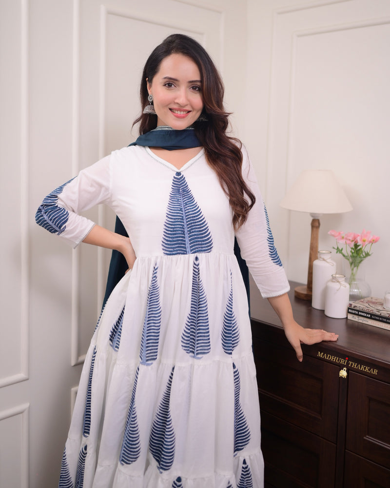 White Blue Mul Cotton Block Printed Anarkali