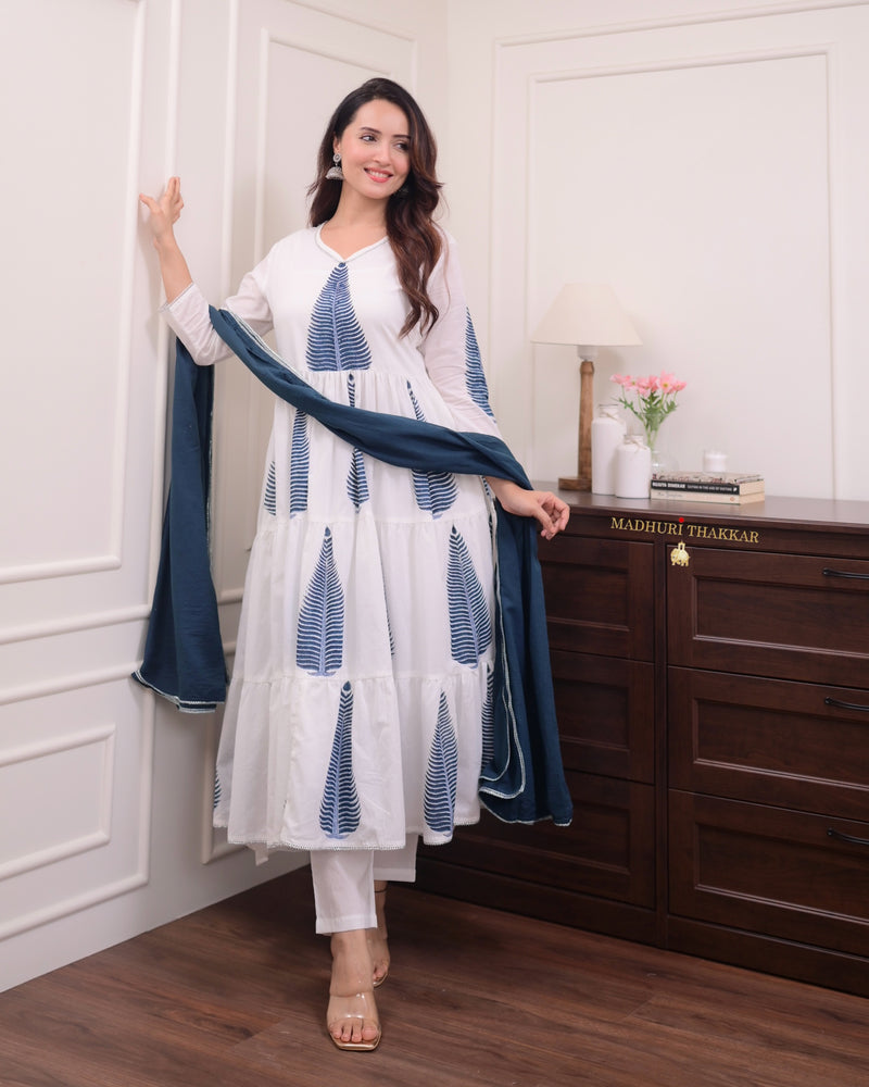 White Blue Mul Cotton Block Printed Anarkali