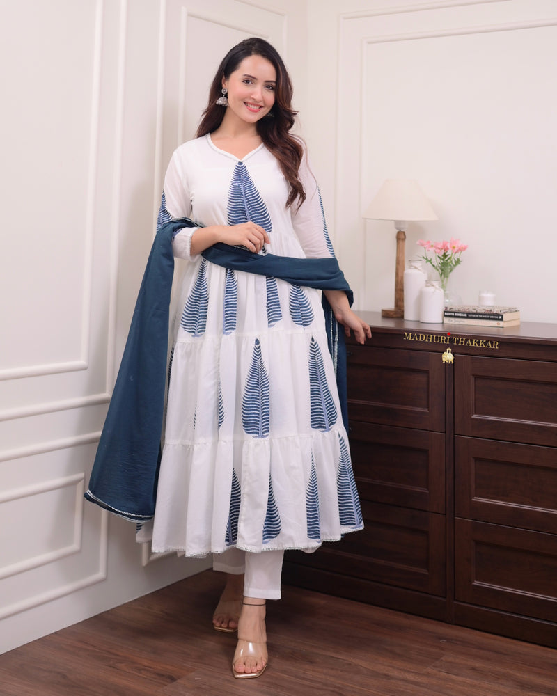 White Blue Mul Cotton Block Printed Anarkali