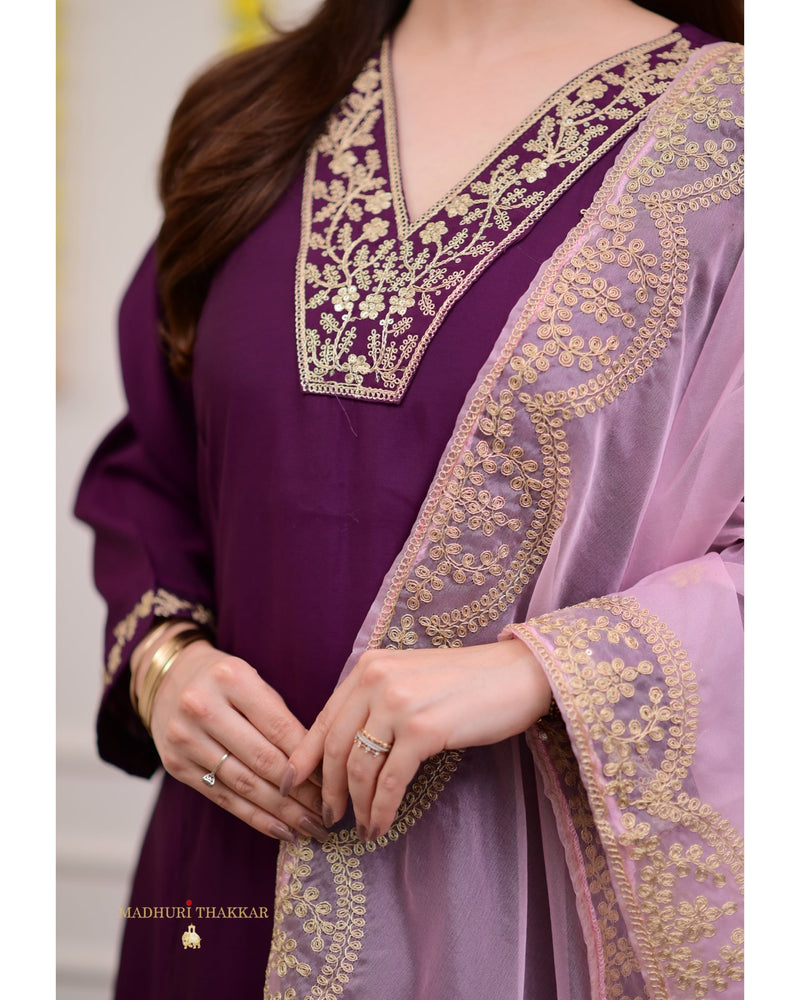 Purple Silk Embroidered A Line Suit