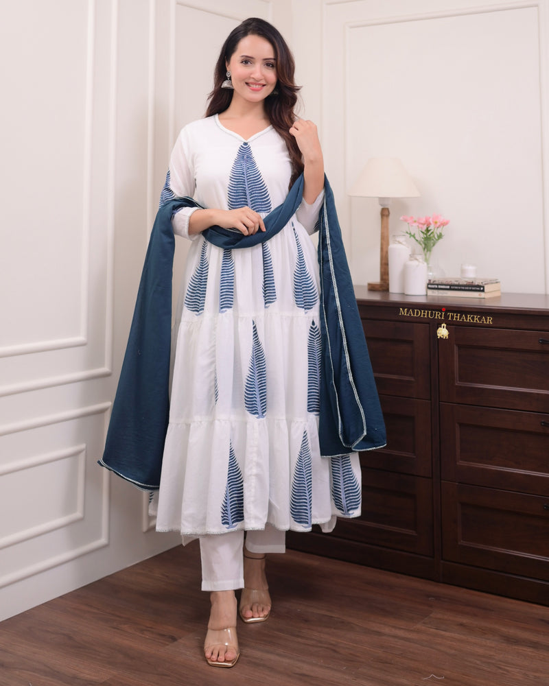 White Blue Mul Cotton Block Printed Anarkali