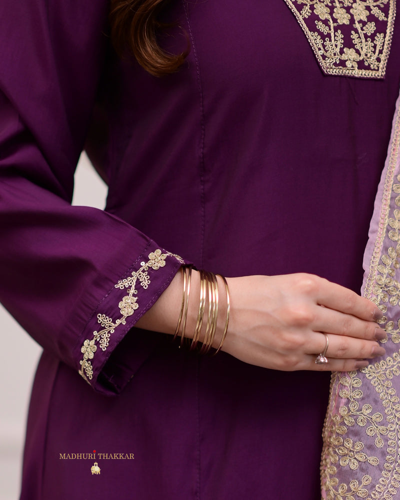 Purple Silk Embroidered A Line Suit