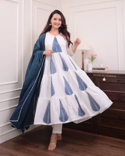 White Blue Mul Cotton Block Printed Anarkali