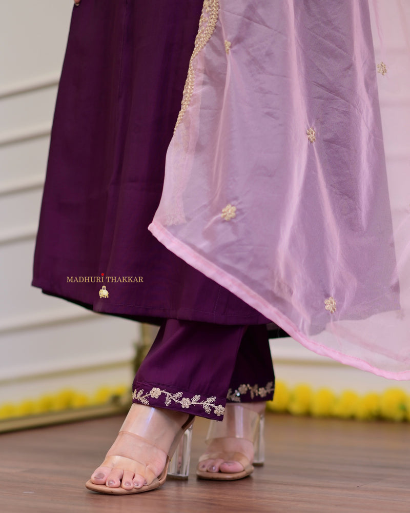 Purple Silk Embroidered A Line Suit