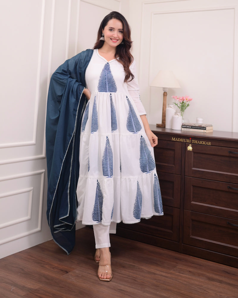 White Blue Mul Cotton Block Printed Anarkali